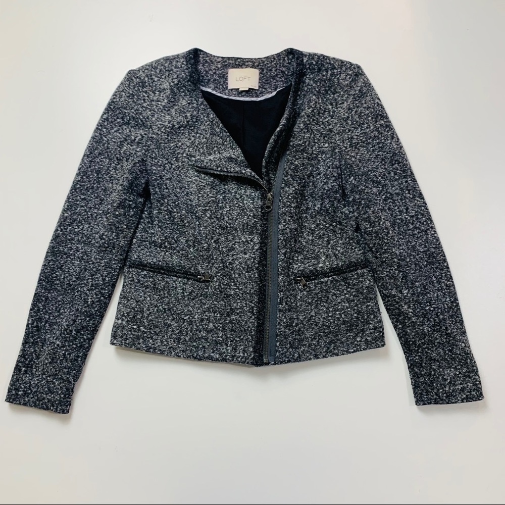 Ann Taylor LOFT Jacket Blazer Tweed Moto Full Zipper Black White Pocket Petite